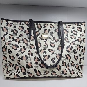 MCM Leopard Print Leather Tote Bag in Cream and Pink